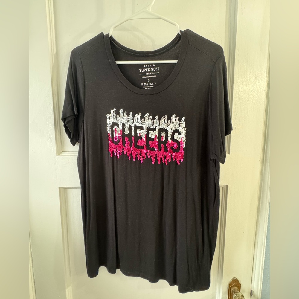 Torrid Black Tee with Pink and White Sequin 'Cheers' Design